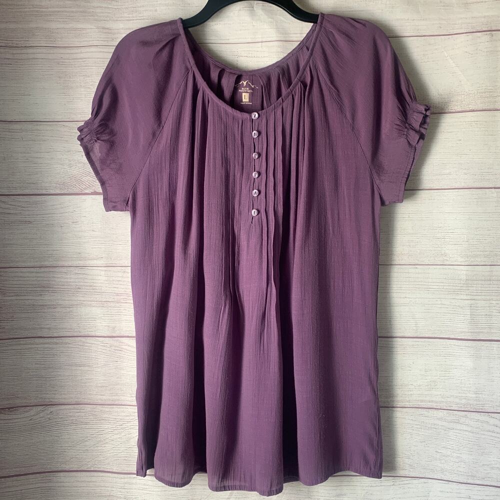 Blue Mountain Purple Crinkle Blouse Pleated Button Front Short Sleeve Size L